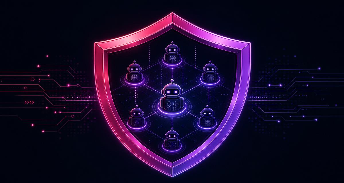 Illustration of interconnected autonomous AI agents protected by shield icons, representing agentic AI security and governance.