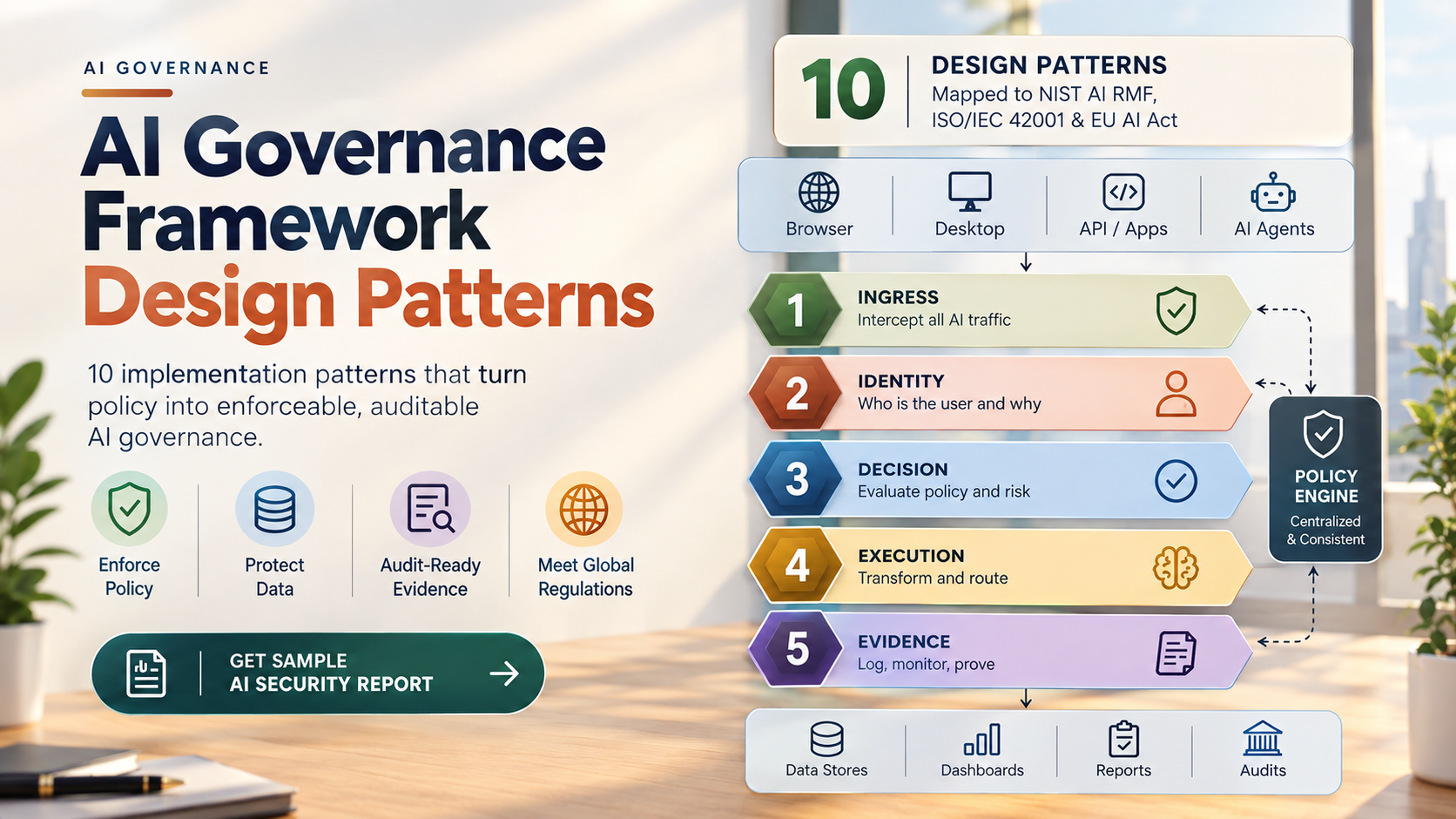 Diagram of the 10 AI governance framework design patterns - ingress, identity, decision, execution, and evidence stages routing browser, desktop, API, and AI agent traffic through a centralised policy engine. Diagram of the 10 AI governance framework design patterns - ingress, identity, decision, execution, and evidence stages routing browser, desktop, API, and AI agent traffic through a centralised policy engine.