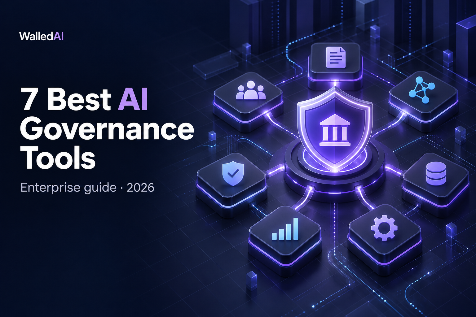 Seven connected AI governance capability tiles surrounding a luminous policy shield, illustrating an enterprise platform comparison. Seven connected AI governance capability tiles surrounding a luminous policy shield, illustrating an enterprise platform comparison.