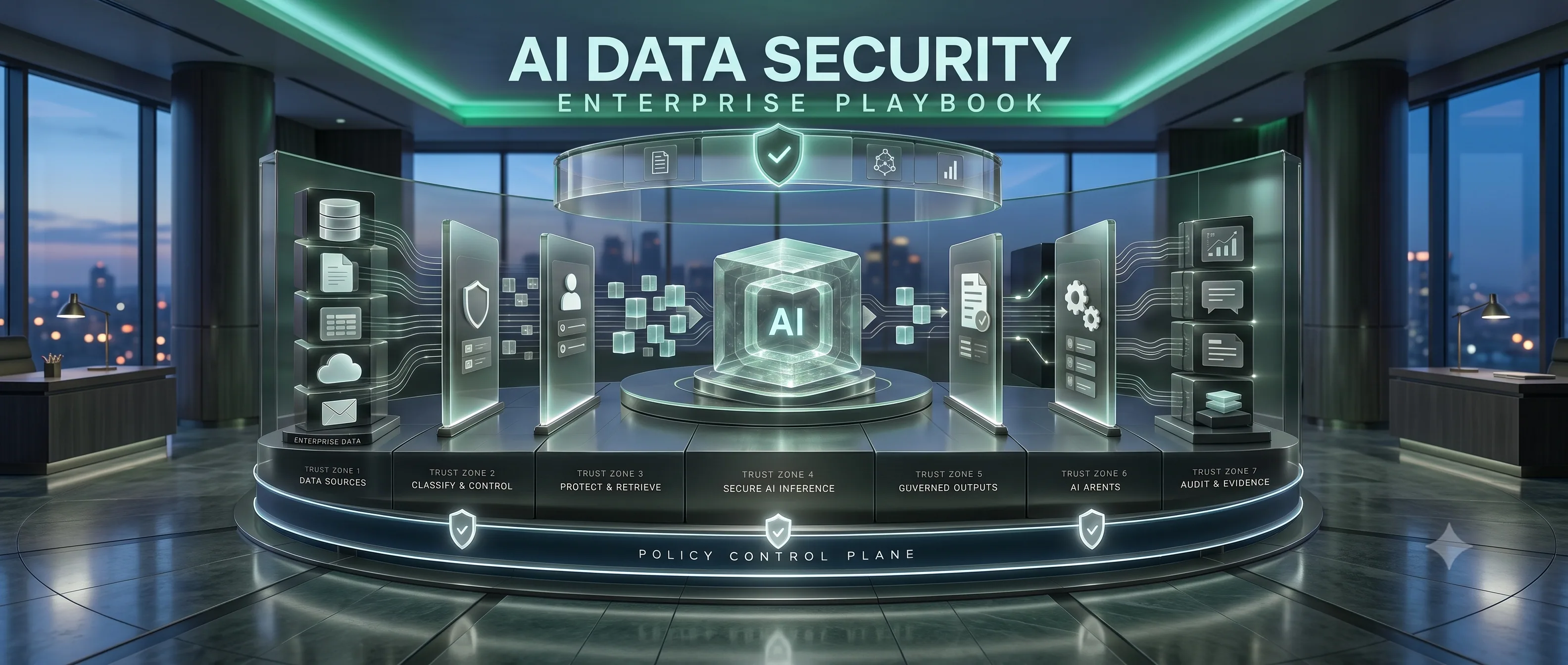 Enterprise AI data security architecture spanning data sources, classification, retrieval, inference, outputs, agents, and audit evidence.