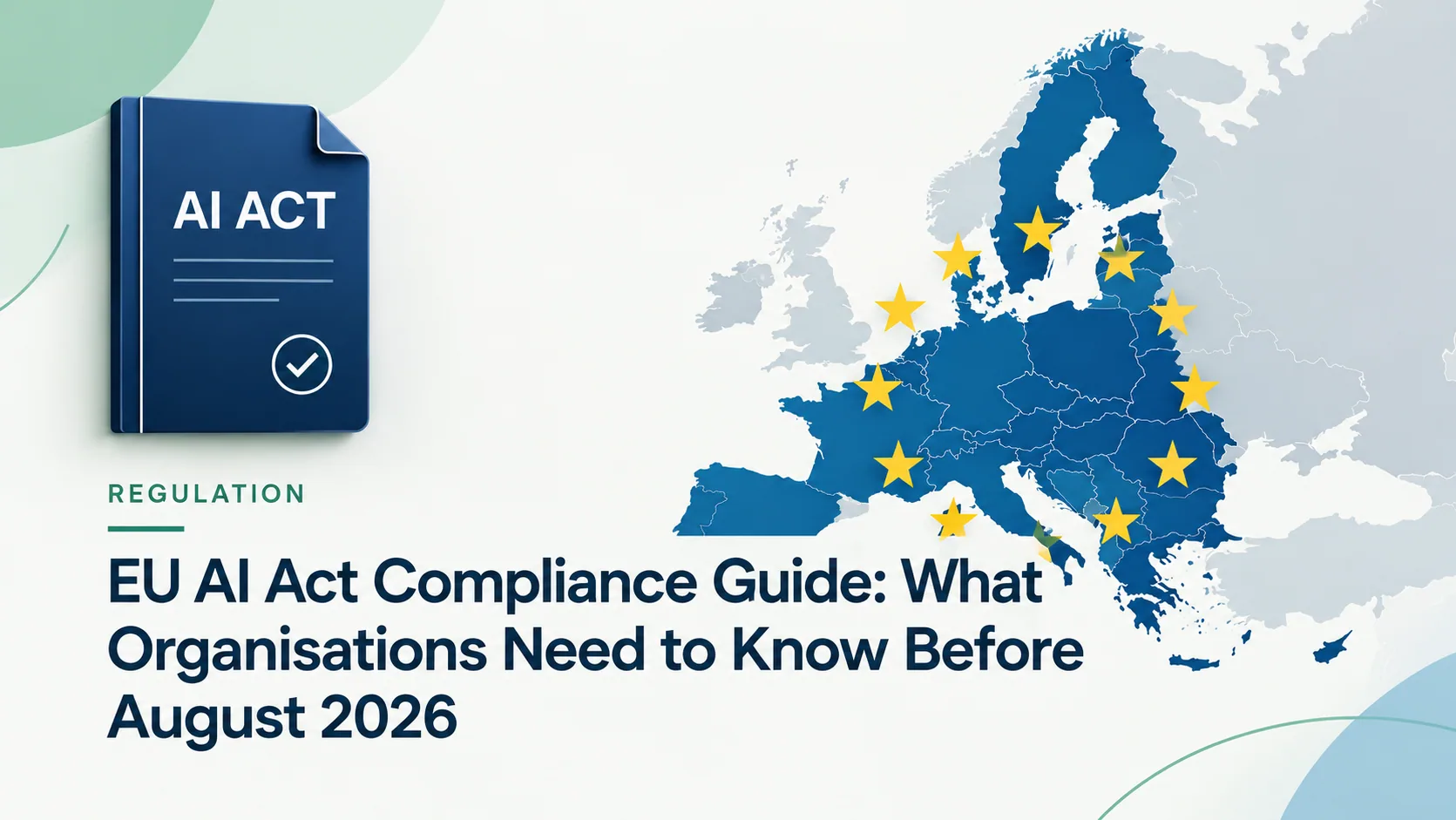 EU AI Act governance illustration: a circle of EU stars around an AI brain, surrounded by icons for compliance, security, oversight, and audit, set over a faded map of Europe. EU AI Act governance illustration: a circle of EU stars around an AI brain, surrounded by icons for compliance, security, oversight, and audit, set over a faded map of Europe.