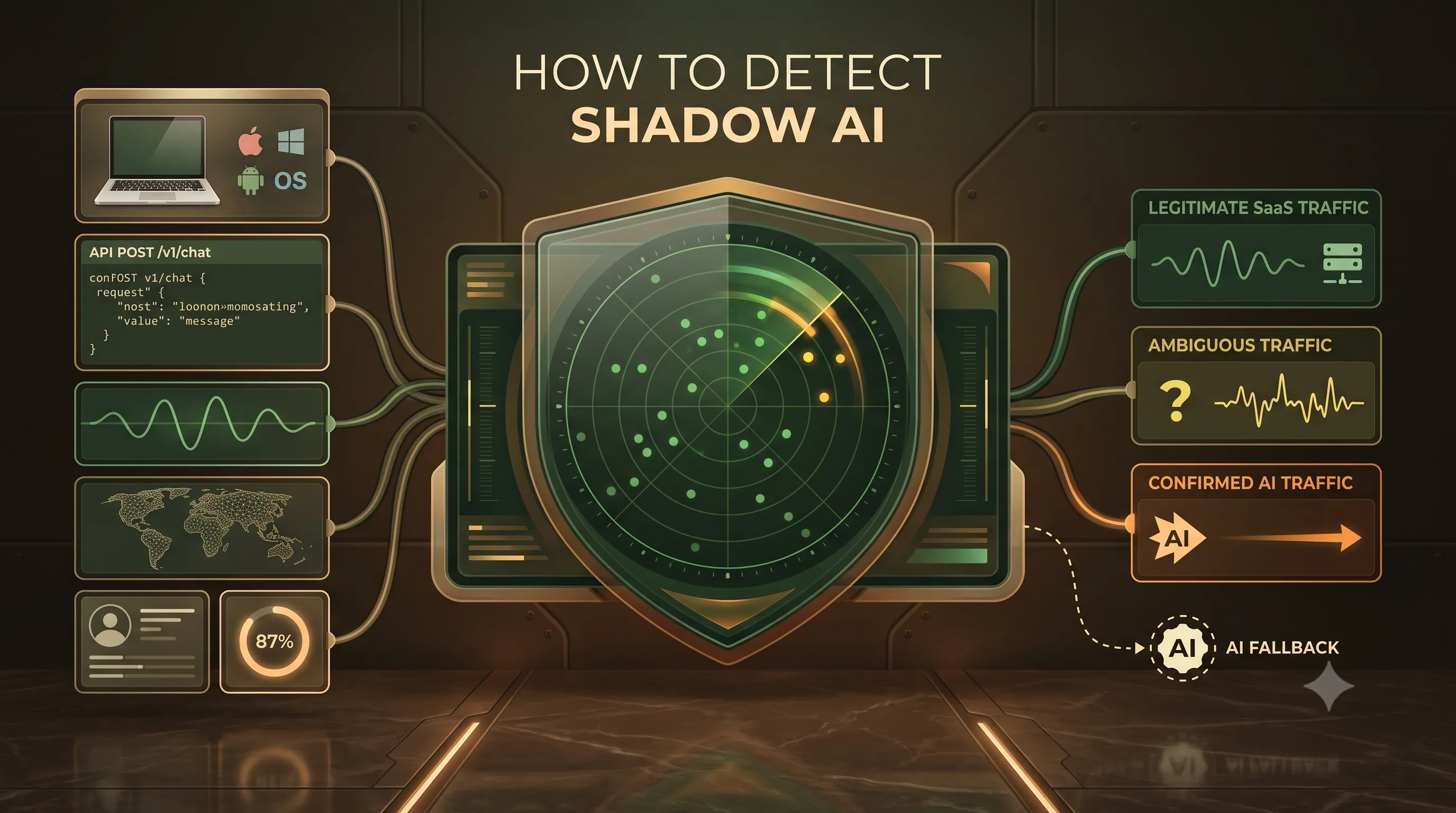 Layered Shadow AI traffic detection system combining endpoint, request, response, browser, identity, and confidence signals.