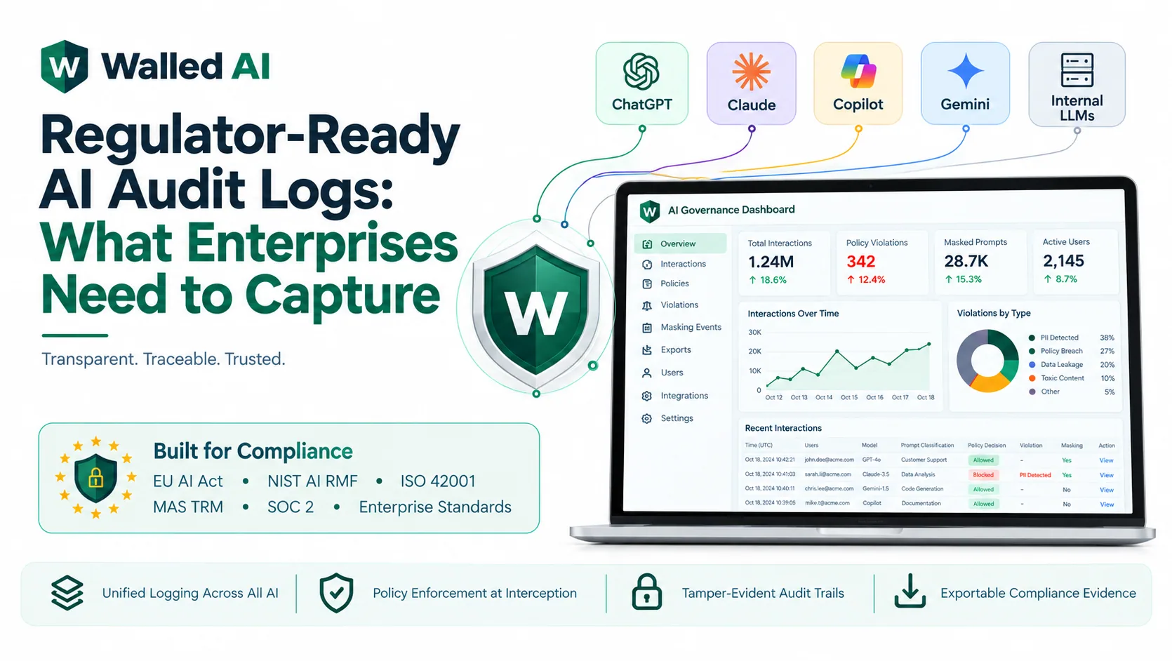 WalledAI governance dashboard intercepting ChatGPT, Claude, Copilot, Gemini, and internal LLM traffic, showing total interactions, policy violations, masked prompts, active users, and a compliance panel listing EU AI Act, NIST AI RMF, ISO 42001, MAS TRM, and SOC 2.