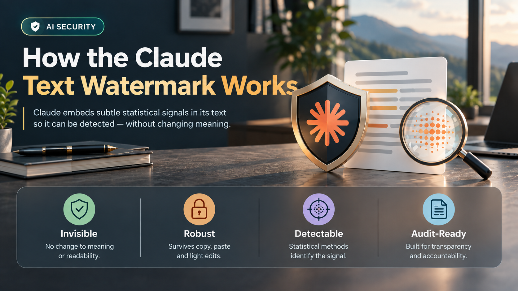 How the Claude text watermark works - an invisible shield, a document, and a magnifying glass revealing a hidden statistical pattern, labelled Invisible, Robust, Detectable, and Audit-Ready.