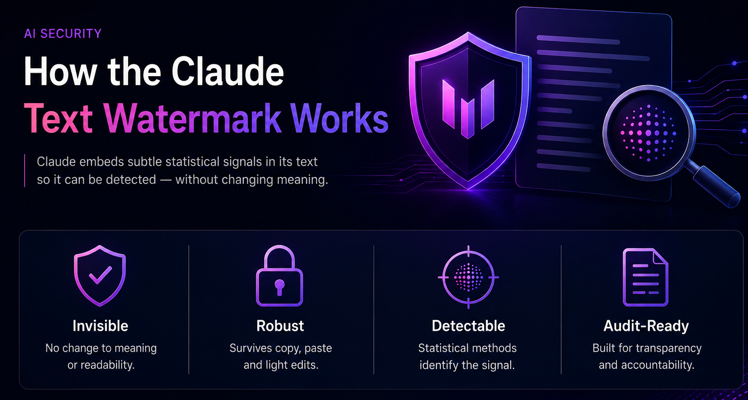 How the Claude text watermark works - an invisible shield, a document, and a magnifying glass revealing a hidden statistical pattern, labelled Invisible, Robust, Detectable, and Audit-Ready. How the Claude text watermark works - an invisible shield, a document, and a magnifying glass revealing a hidden statistical pattern, labelled Invisible, Robust, Detectable, and Audit-Ready.