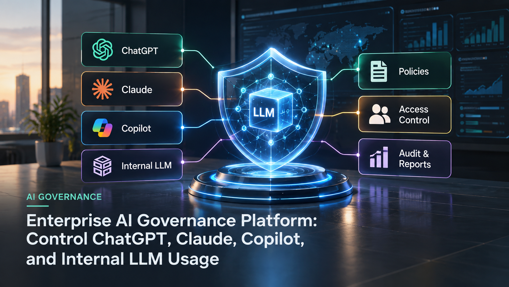 Enterprise AI governance platform control plane connecting employees and applications to ChatGPT, Claude, Copilot, cloud AI APIs and internal LLMs, with masking, access control and audit logging. Enterprise AI governance platform control plane connecting employees and applications to ChatGPT, Claude, Copilot, cloud AI APIs and internal LLMs, with masking, access control and audit logging.