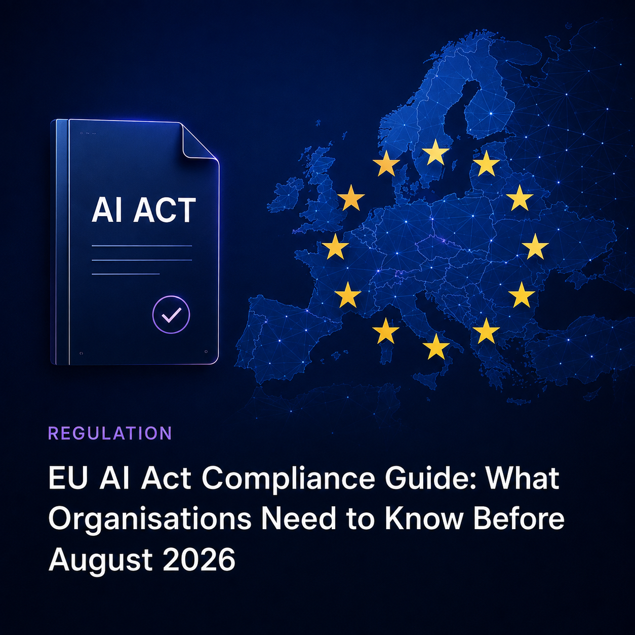 EU AI Act governance illustration: a circle of EU stars around an AI brain, surrounded by icons for compliance, security, oversight, and audit, set over a faded map of Europe. EU AI Act governance illustration: a circle of EU stars around an AI brain, surrounded by icons for compliance, security, oversight, and audit, set over a faded map of Europe.