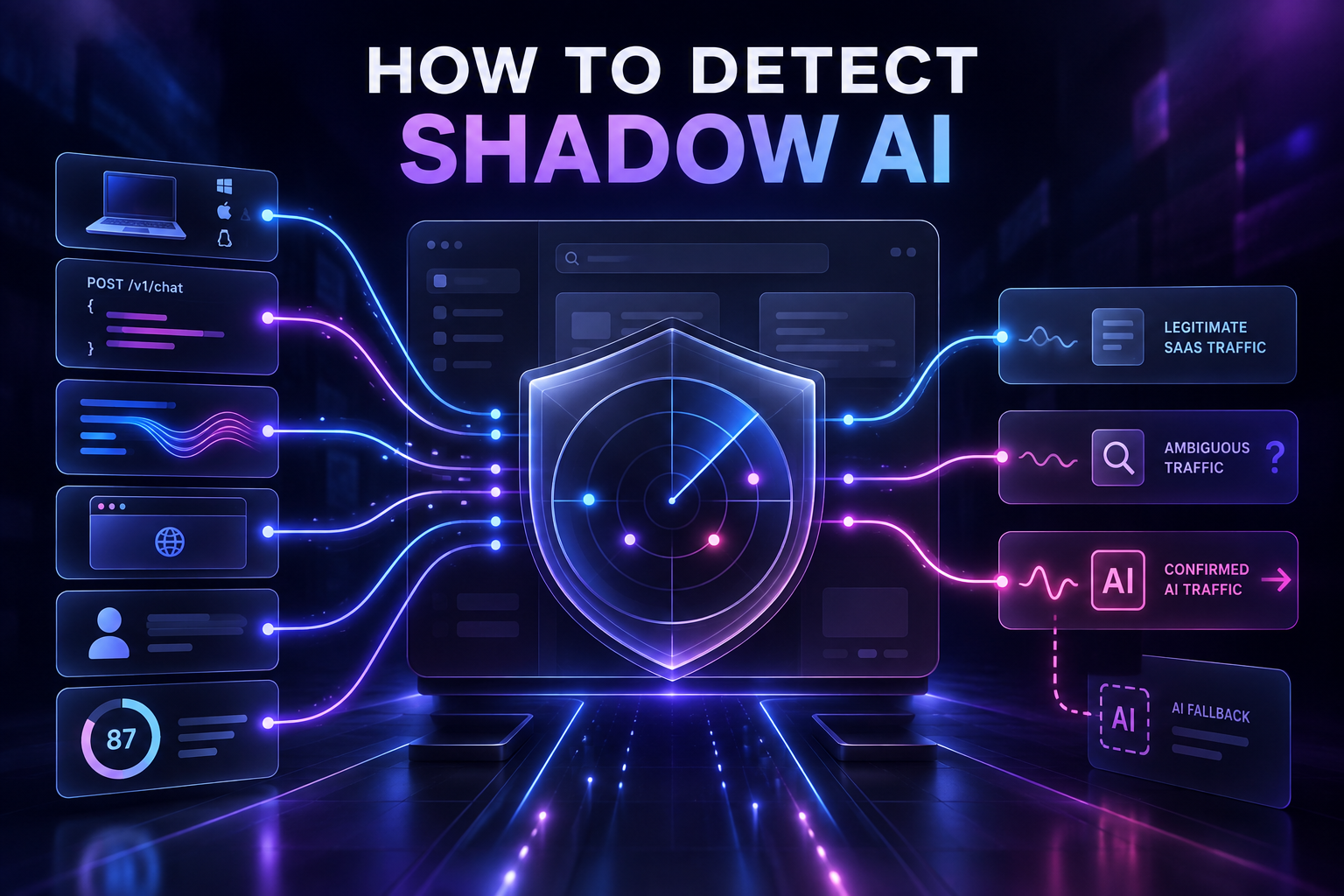 Layered Shadow AI traffic detection system combining endpoint, request, response, browser, identity, and confidence signals. Layered Shadow AI traffic detection system combining endpoint, request, response, browser, identity, and confidence signals.