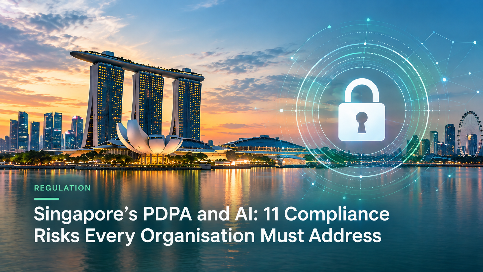 Singapore skyline with Marina Bay Sands at night, a glowing blue protective shield over a networked data sphere, symbolising sovereign AI governance under Singapore's PDPA. Singapore skyline with Marina Bay Sands at night, a glowing blue protective shield over a networked data sphere, symbolising sovereign AI governance under Singapore's PDPA.