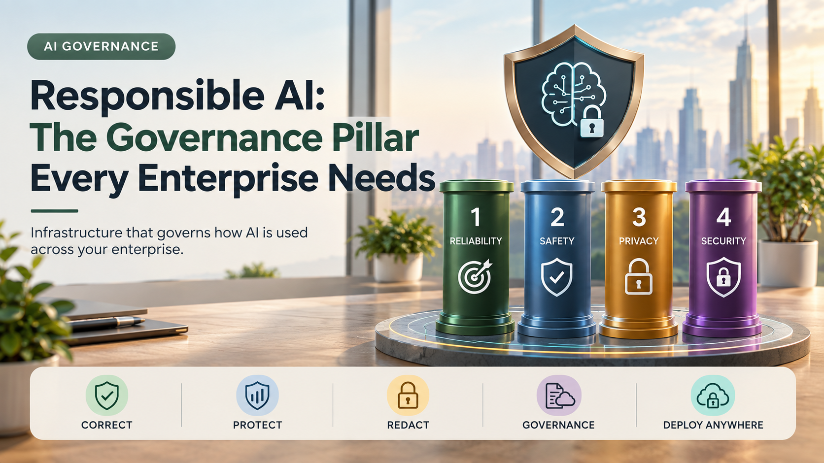 Illustration of interconnected governance pillars protecting enterprise AI systems - reliability, safety, privacy, and security.